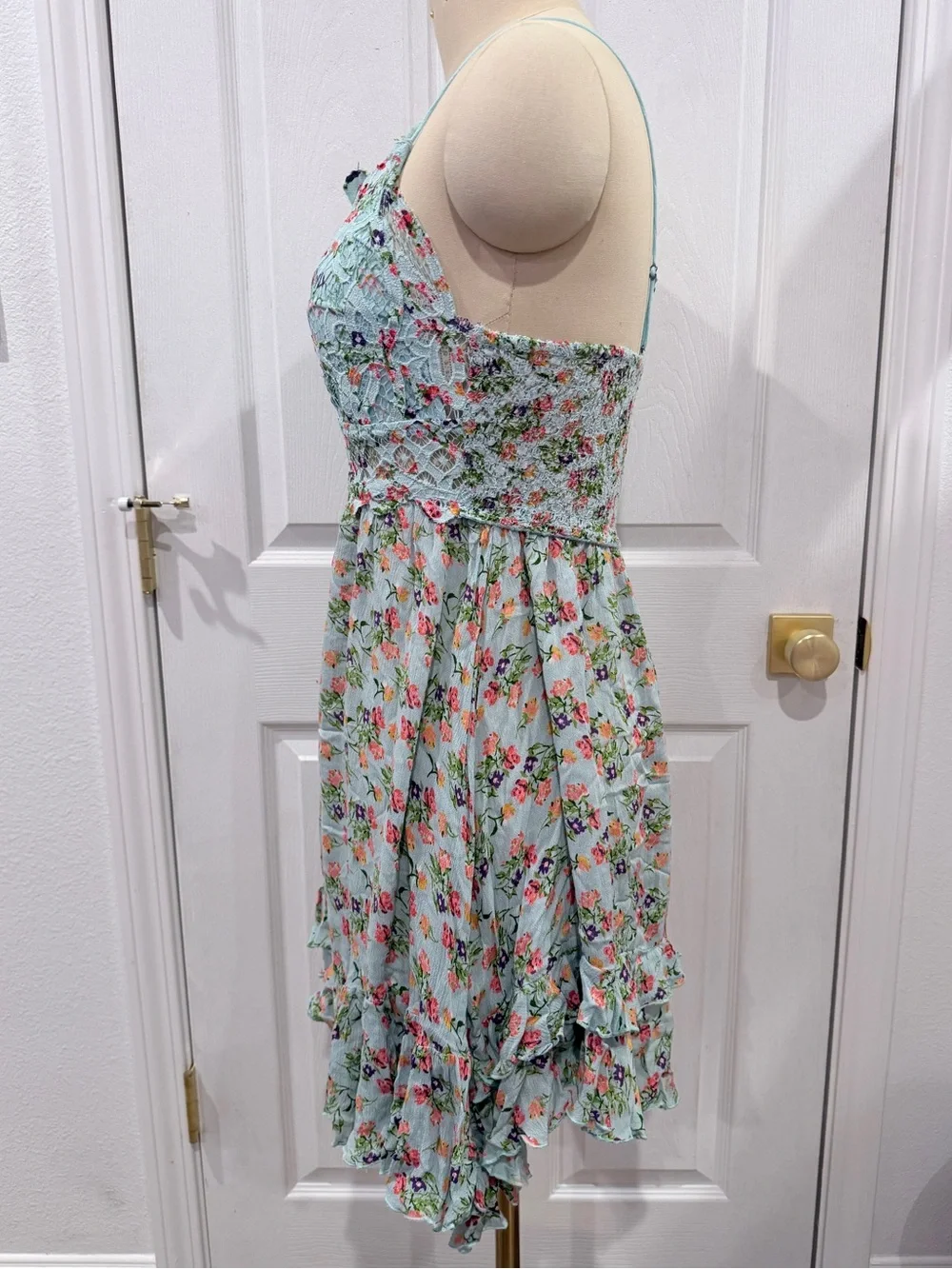 BNWOT Free People Pale Blue Floral Lace-Trim Asymmetrical Cross Back Dress - XL - Picture 6 of 15